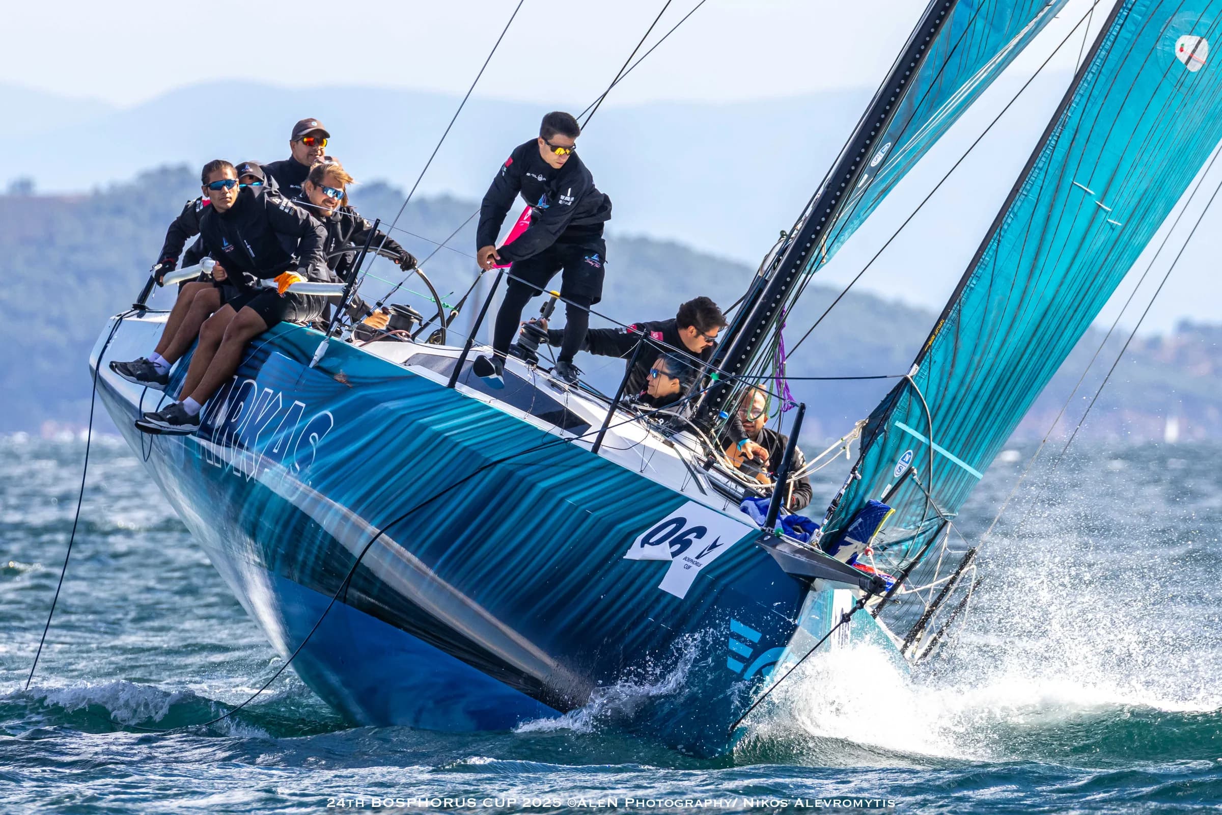 A racing yacht powered up in strong wind during the Bosphorus Cup.