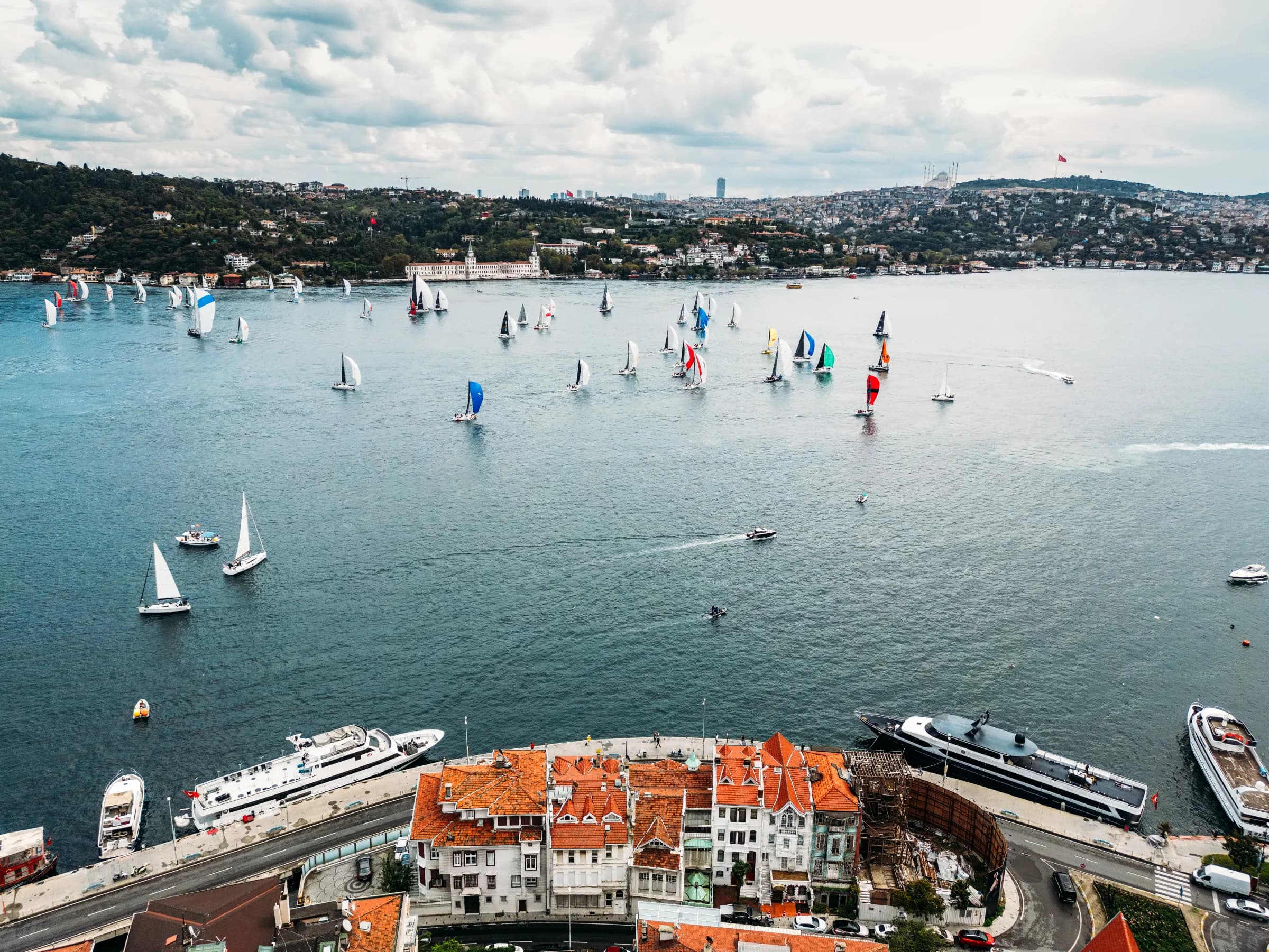 The Bosphorus Cup fleet seen from Istanbul's shoreline.